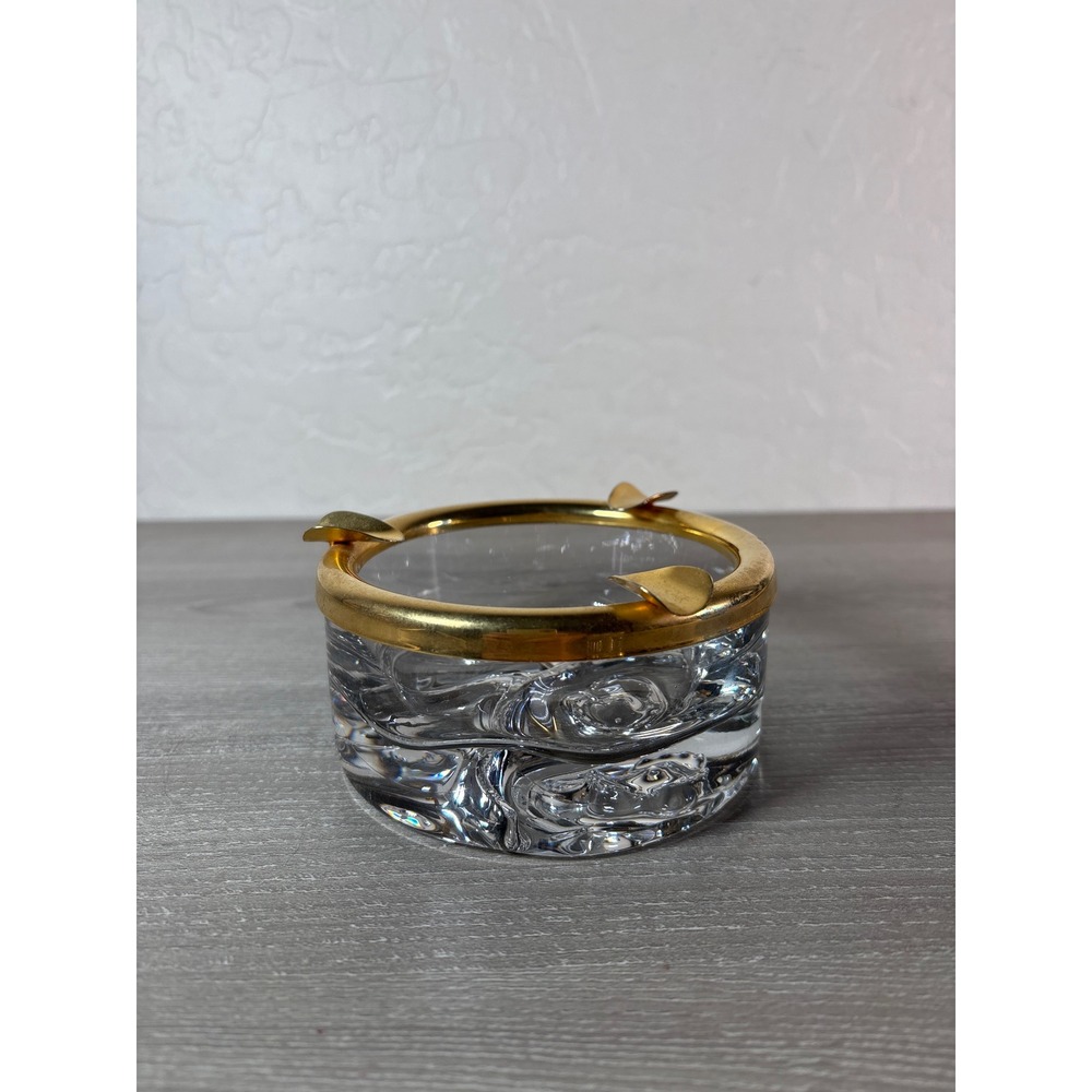 Vintage Crystal Glass Ashtray with Gold Metal Rim Mid Century Modern Decor - Picture 3 of 7